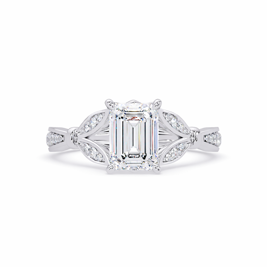 Lab Grown Diamond 1.60 CTW Octagon Vintage Inspired Leaf Design Ring- Sterling Silver