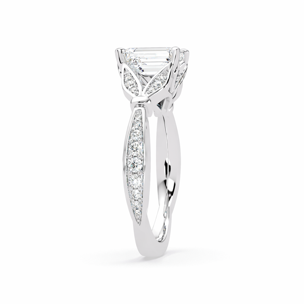Lab Grown Diamond 1.60 CTW Octagon Vintage Inspired Leaf Design Ring- Sterling Silver
