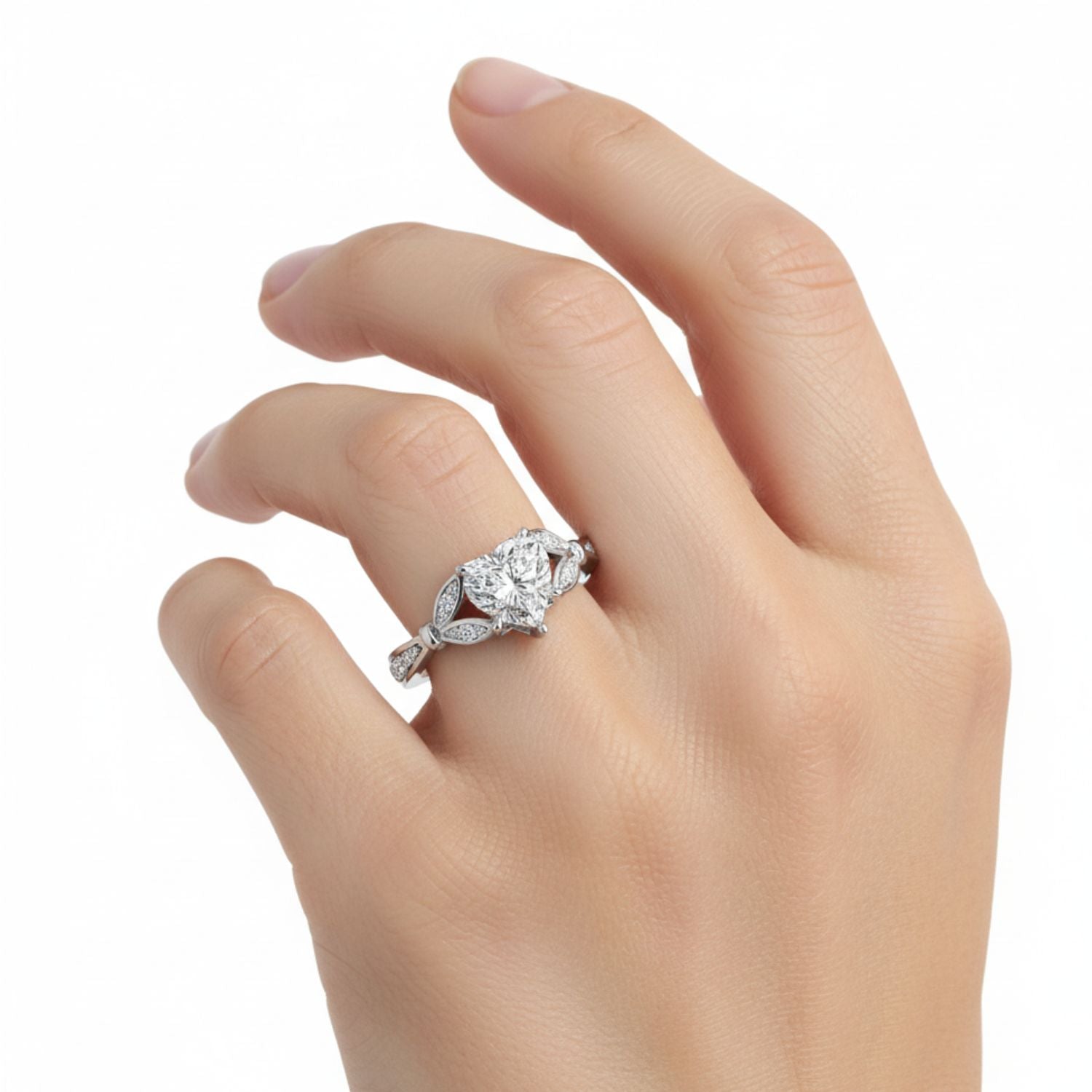 Lab Grown Diamond 1.70 CTW Heart Vintage Inspired Leaf Design Ring- Sterling Silver