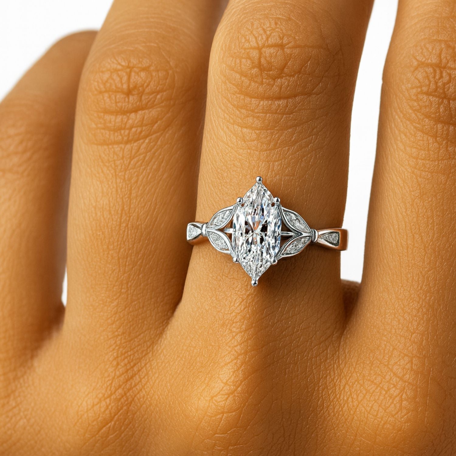 Lab Grown Diamond 1.70 CTW Marquise Vintage Leaf Accents Ring- Sterling Silver