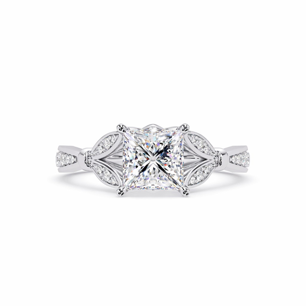 Lab Grown Diamond 1.75 CTW Princess Cut Twisted Leaf Accent Ring- Sterling Silver