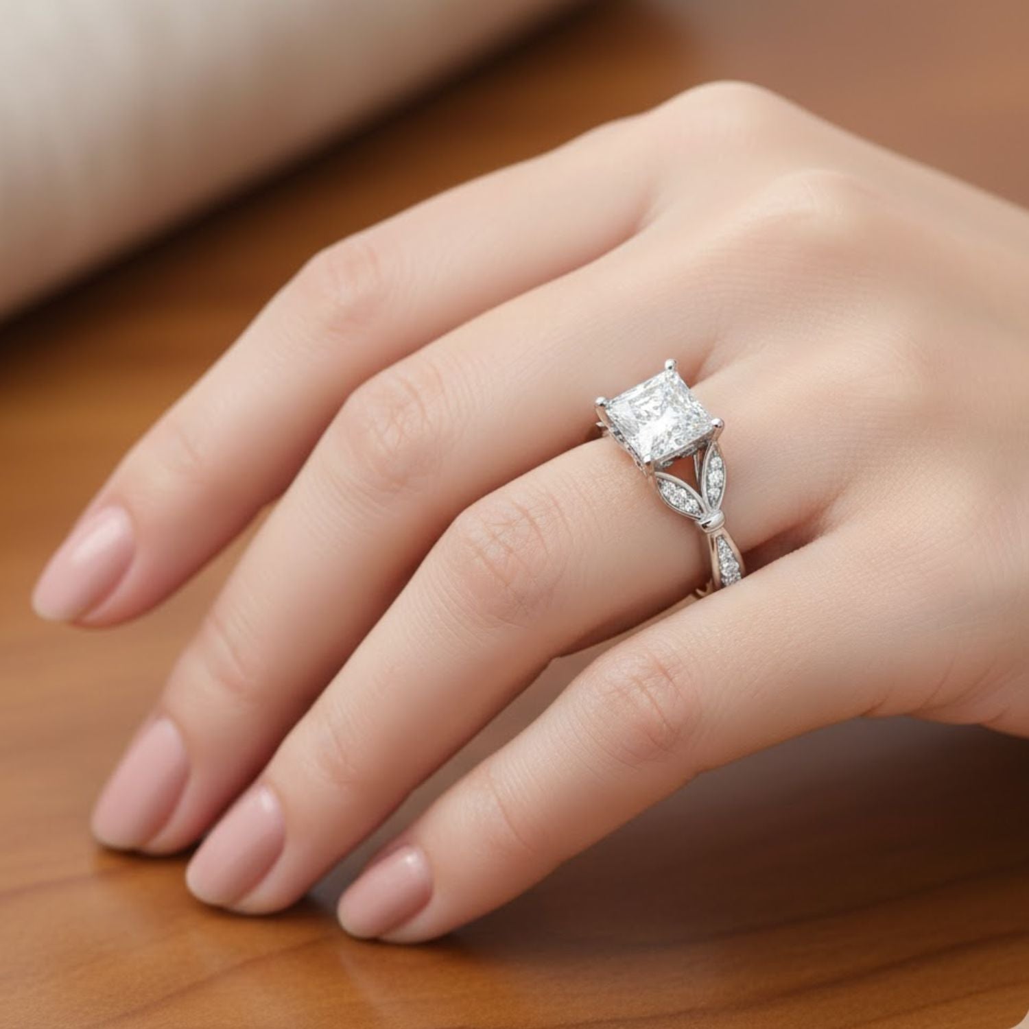 Lab Grown Diamond 1.75 CTW Princess Cut Twisted Leaf Accent Ring- Sterling Silver