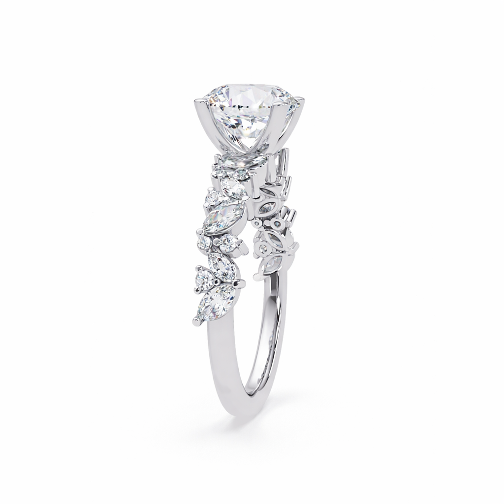 Lab Grown Diamond 3.00 CTW Round Side Stone Elegant Design Ring- Sterling Silver