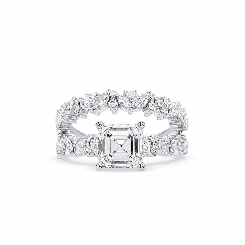 Lab Grown Diamond 2.85 CTW Octagon Side Stone Elegant Design Ring- Sterling Silver