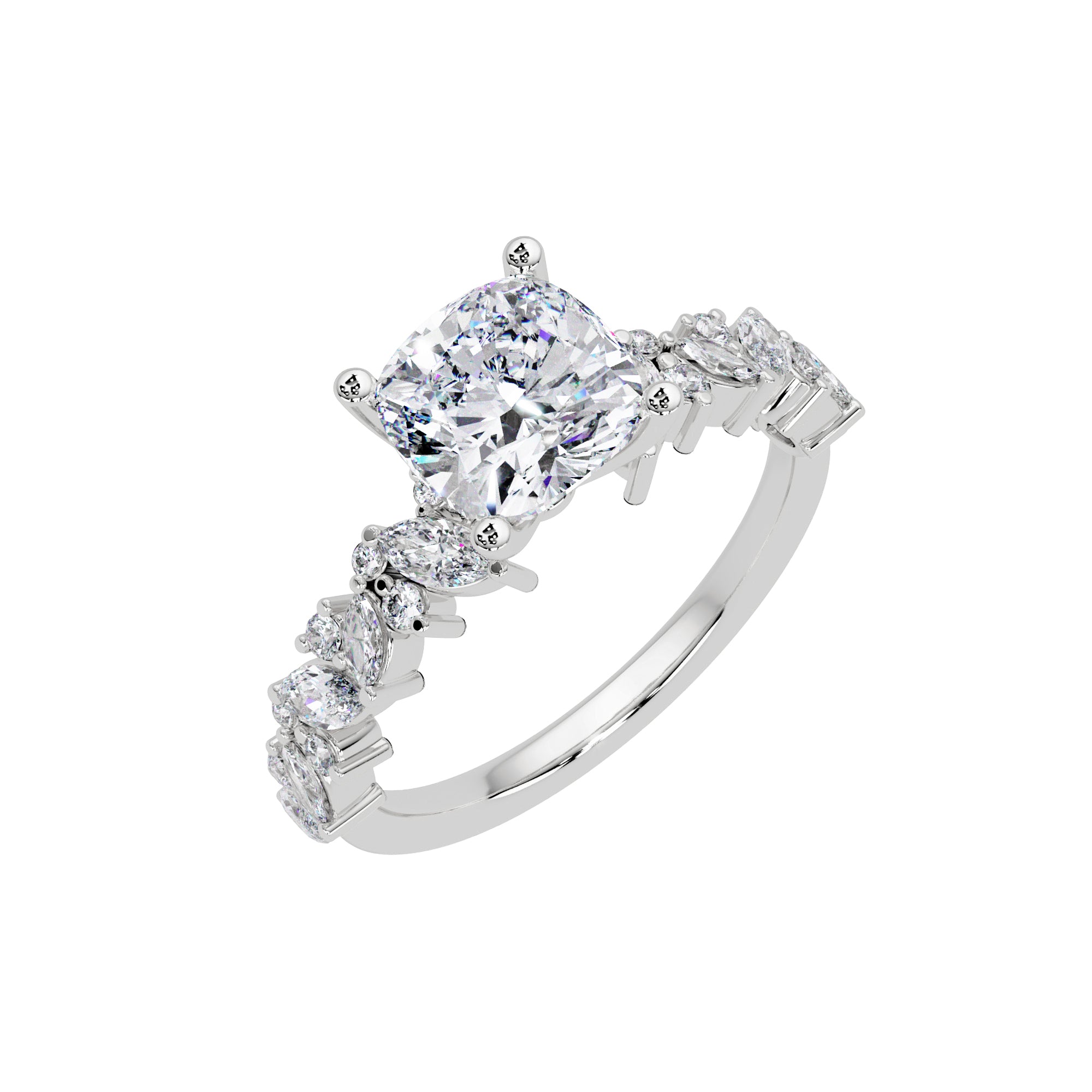 Lab Grown Diamond 2.80 CTW Cushion Side Stone Elegant Design Ring- Sterling Silver