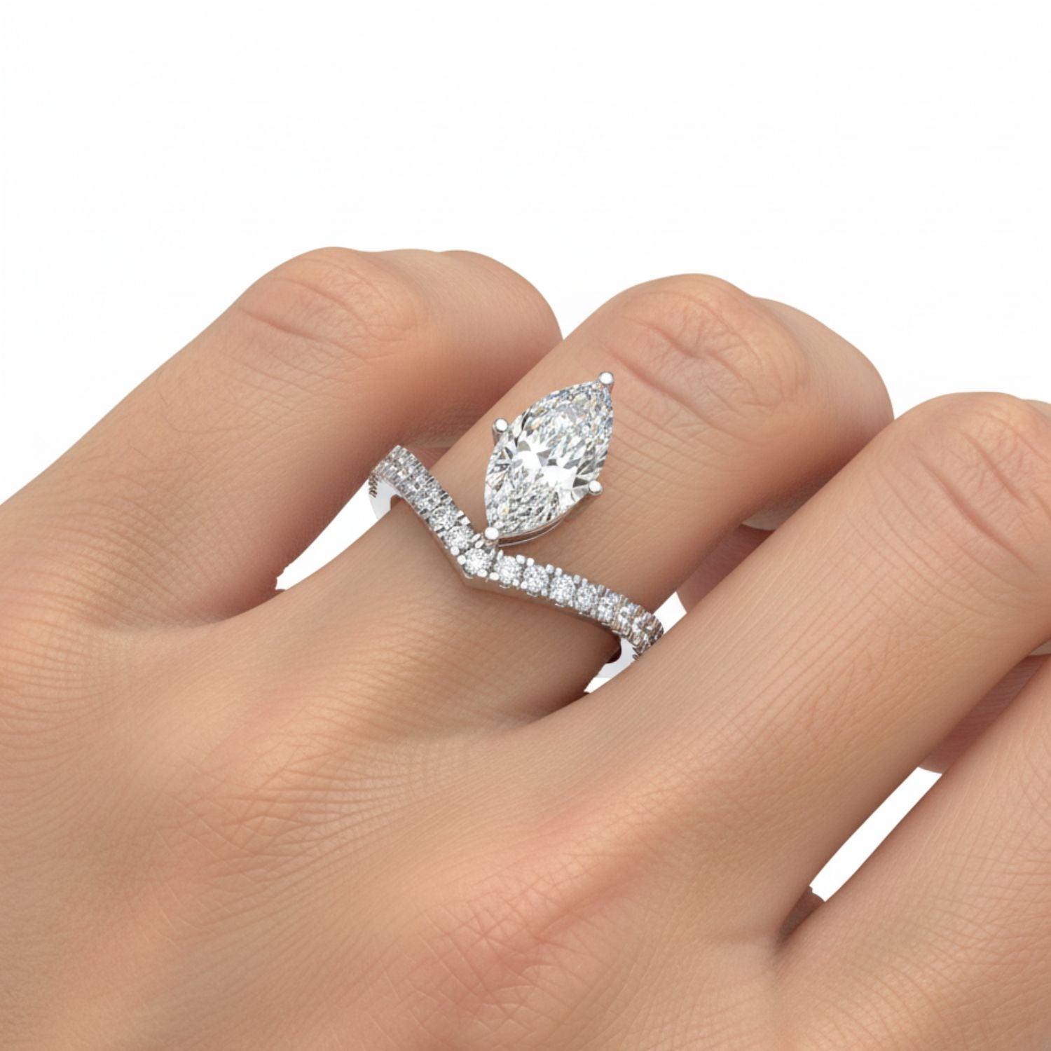 Lab Grown Diamond 1.25 CTW Marquise V-Shape Pavé Band Solitaire Ring- Sterling Silver
