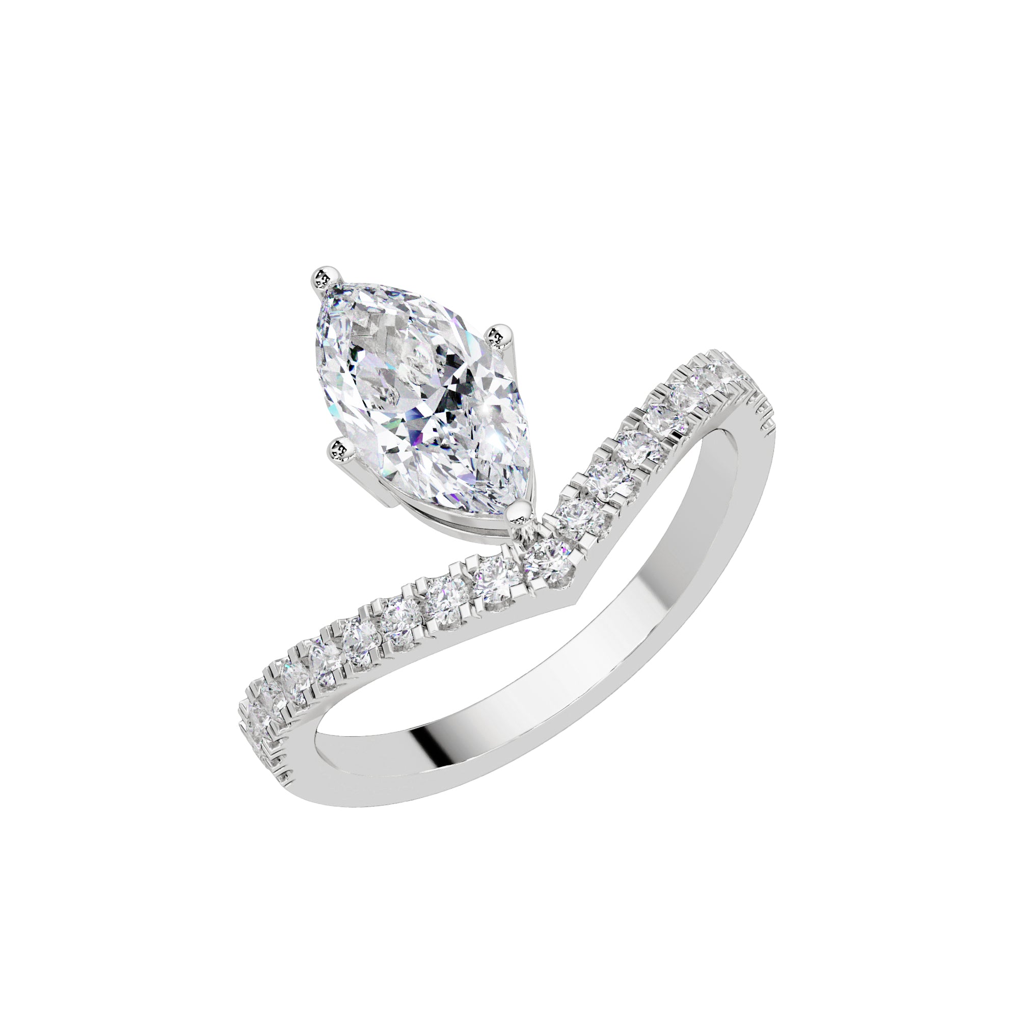 Lab Grown Diamond 1.25 CTW Marquise V-Shape Pavé Band Solitaire Ring- Sterling Silver