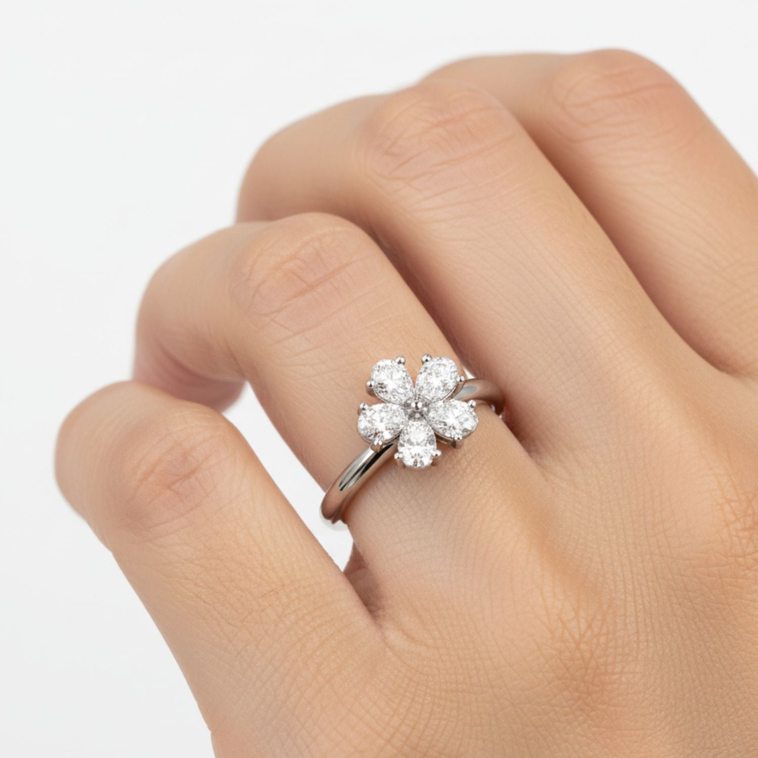 Lab Grown Diamond 0.50 CTW Pear Five-Petal Floral Ring- Sterling Silver
