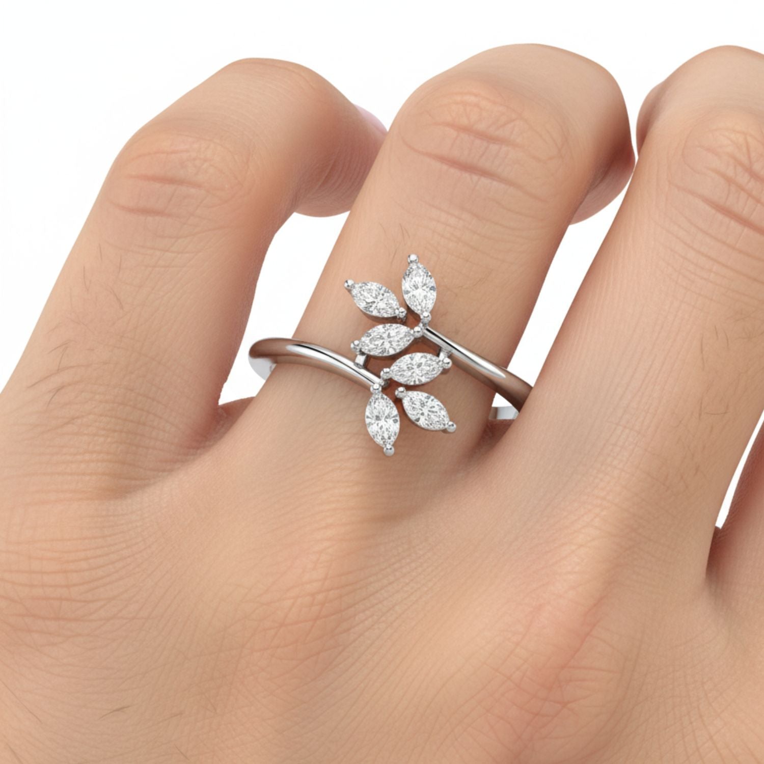 Lab Grown Diamond 0.15 CTW Marquise Leaf Cluster Design Ring- Sterling Silver