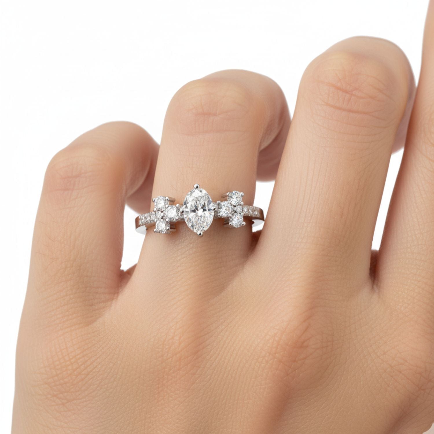 Lab Grown Diamond 0.60 CTW Oval Cluster Side Stone Ring- Sterling Silver