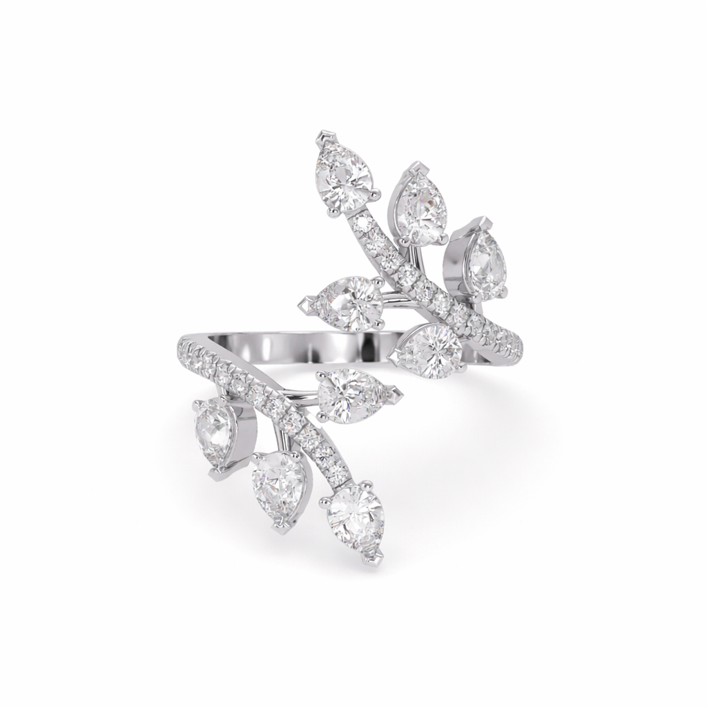 Lab Grown Diamond 1.45 CTW Pear Leaf Cluster Vine Design Ring- Sterling Silver