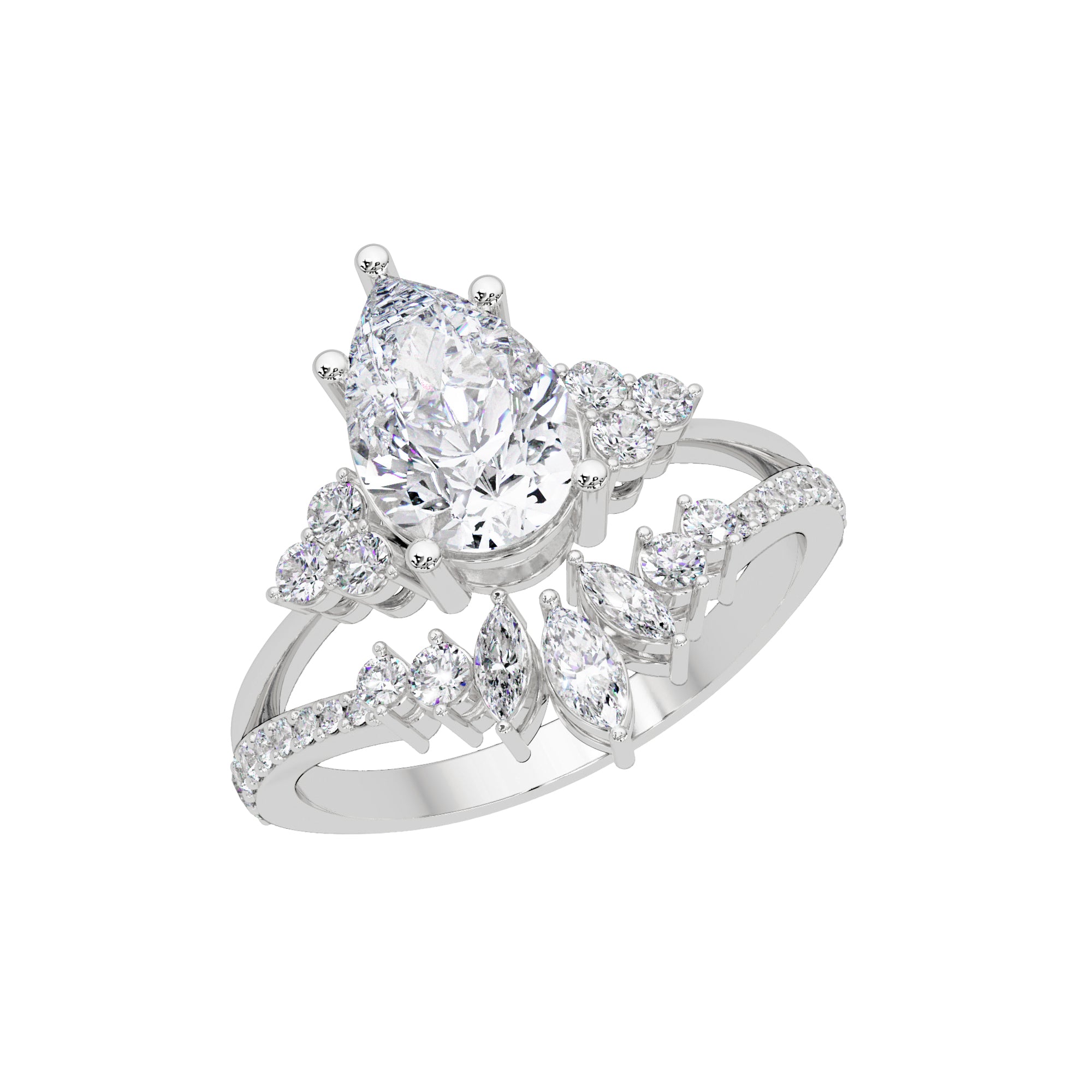 Lab Grown Diamond 2.05 CTW Marquise & Round Floral Halo Ring- Sterling Silver