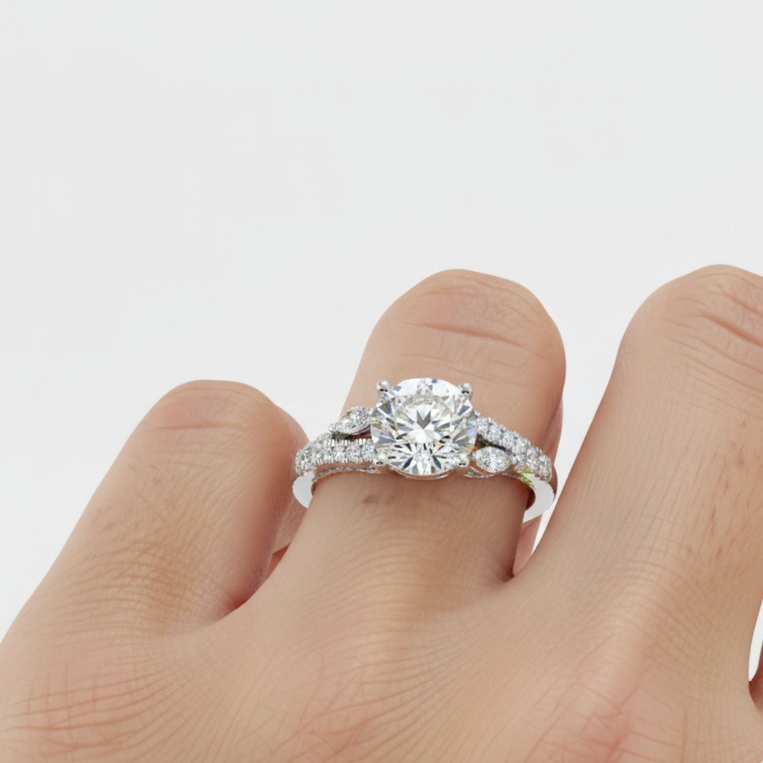 Lab Grown Diamond 2.26 CTW Round Solitaire Side Accents Ring- Sterling Silver