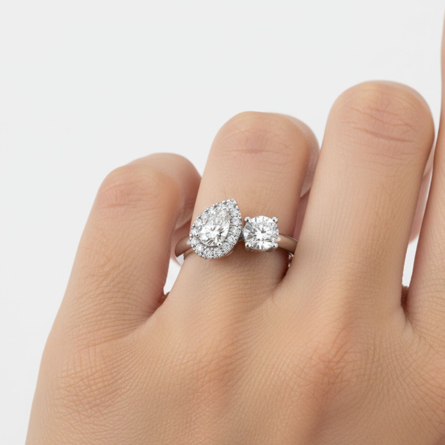 Lab Grown Diamond 1.00 CTW Pear Dual Stone Bypass Halo Ring- Sterling Silver