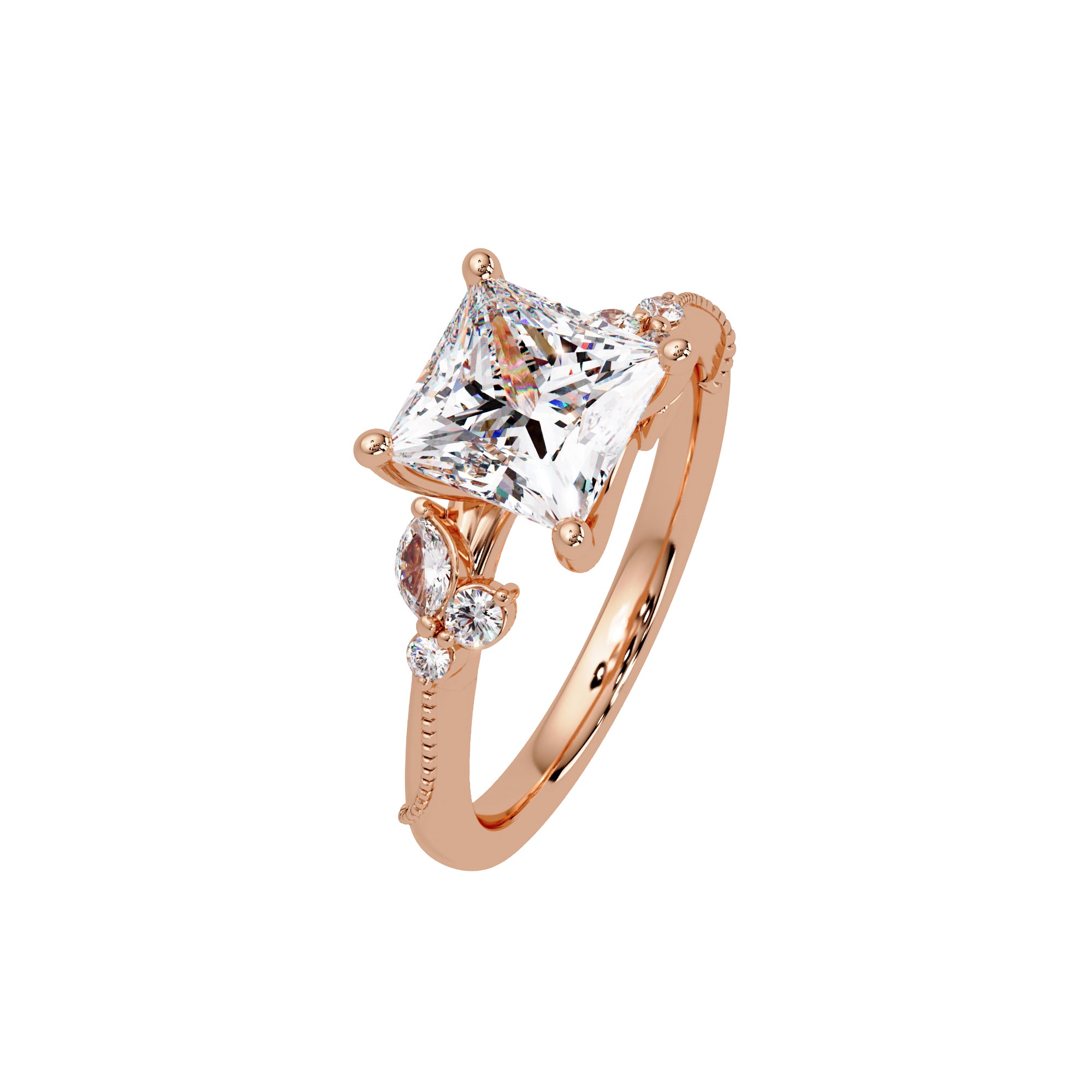 Lab Grown Diamond 2.40 CTW Square Solitaire With Floral Accent Ring- Sterling Silver