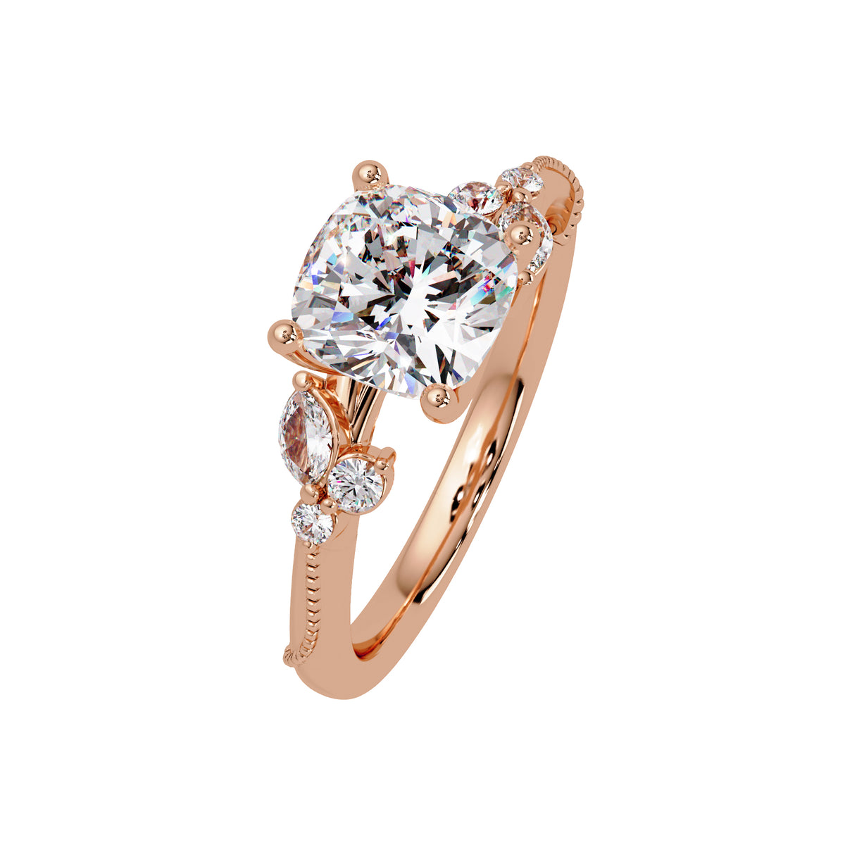 Lab Grown Diamond 2.15 CTW Cushion Solitaire With Floral Accent Ring- Sterling Silver