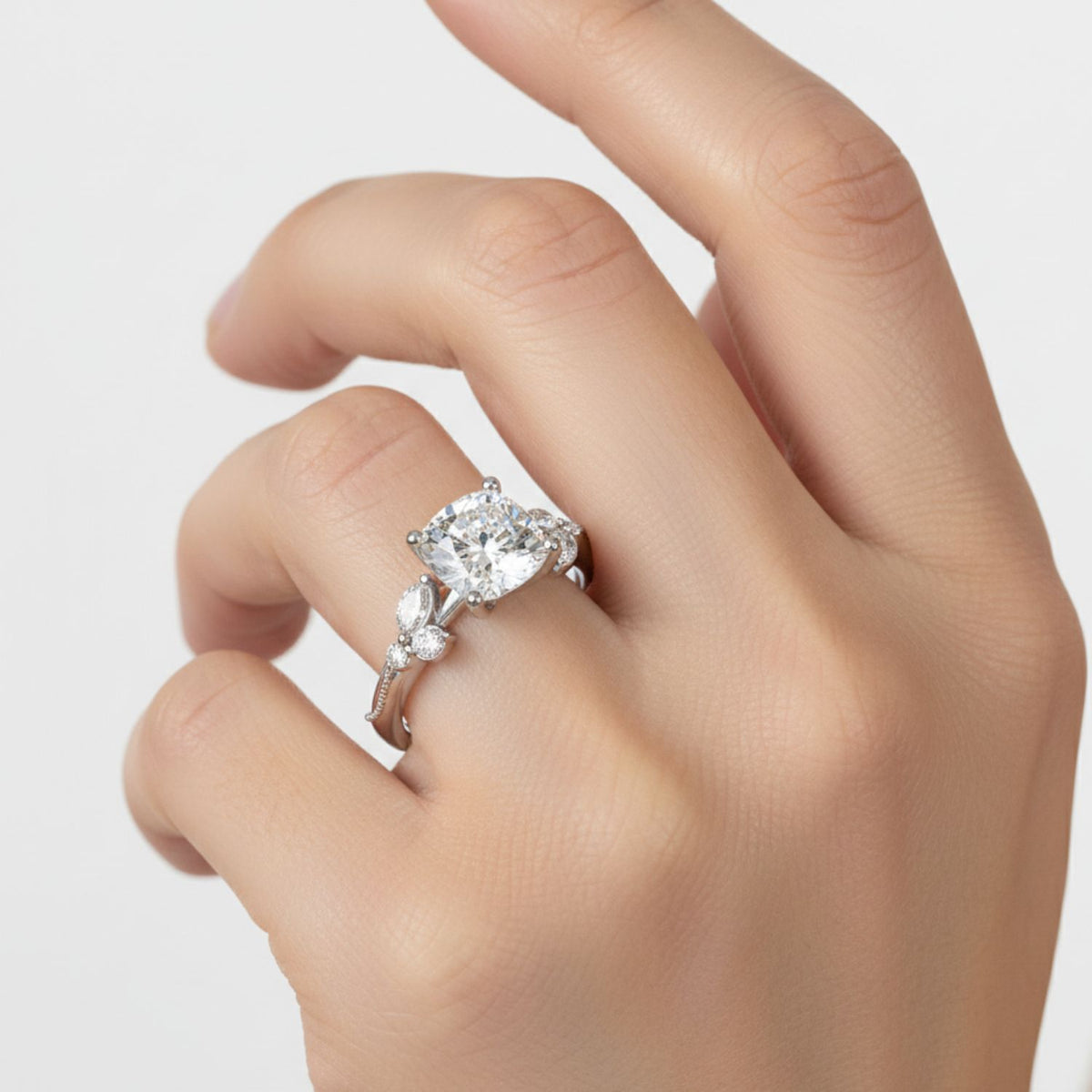 Lab Grown Diamond 2.15 CTW Cushion Solitaire With Floral Accent Ring- Sterling Silver