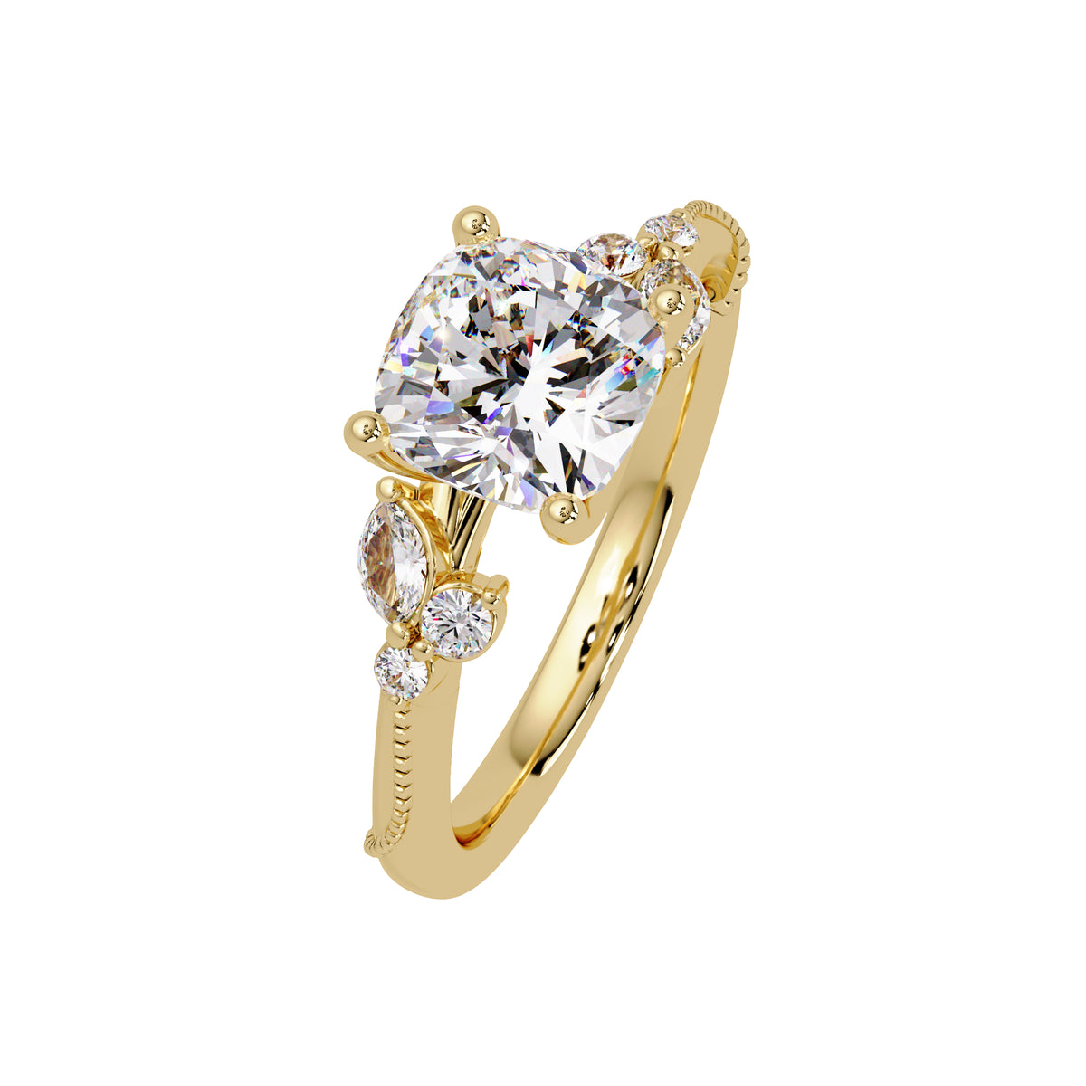 Lab Grown Diamond 2.15 CTW Cushion Solitaire With Floral Accent Ring- Sterling Silver