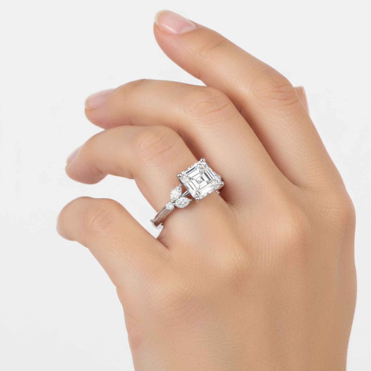 Lab Grown Diamond 2.15 CTW Octagon Solitaire With Floral Accent Ring- Sterling Silver