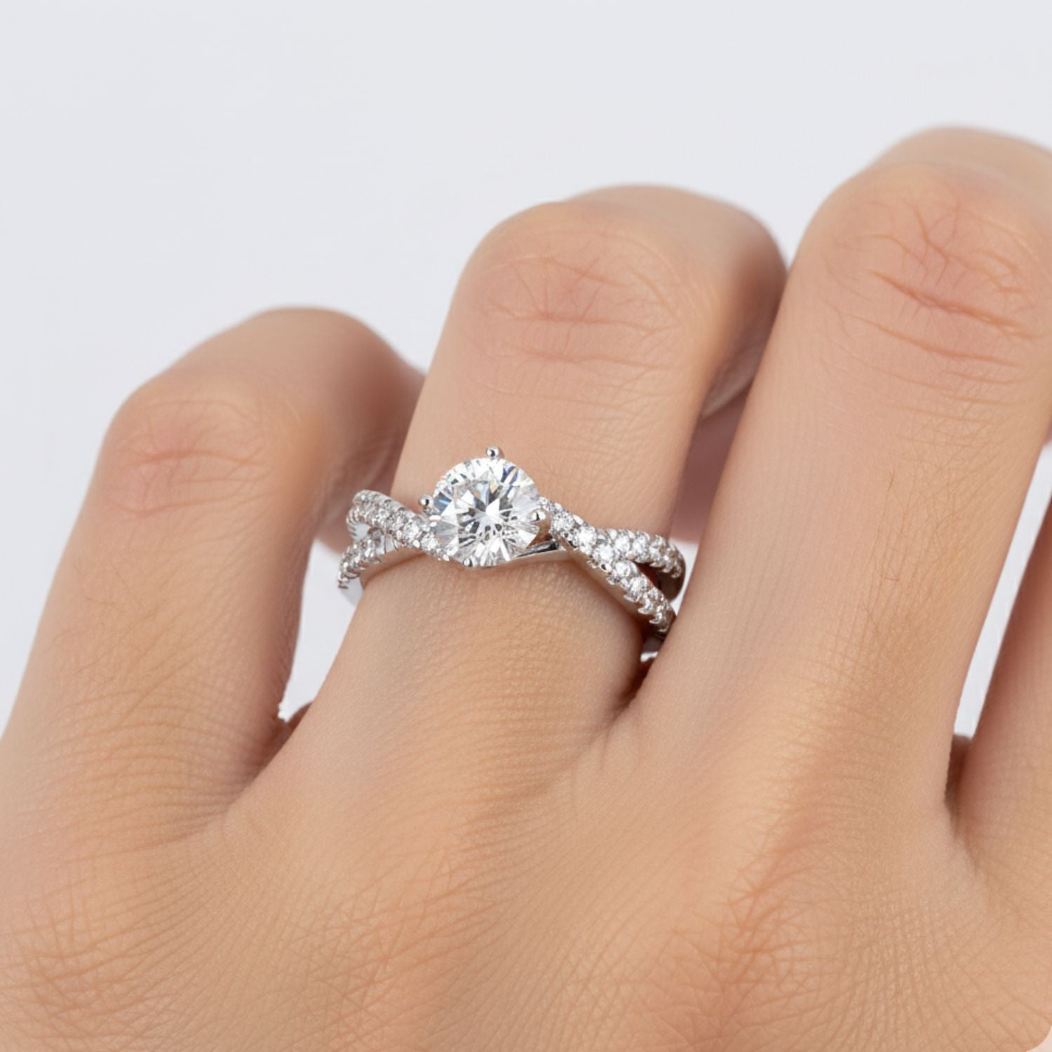 Lab Grown Diamond 1.35 CTW Round Solitaire Crisscross Ring- Sterling Silver