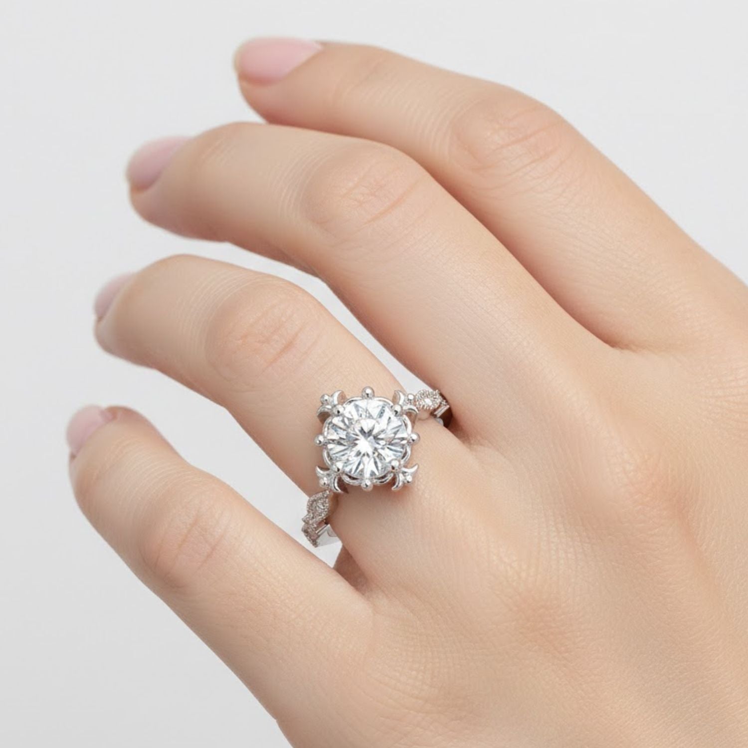 Lab Grown Diamond 1.05 CTW Round Vintage Floral Halo Ring- Sterling Silver