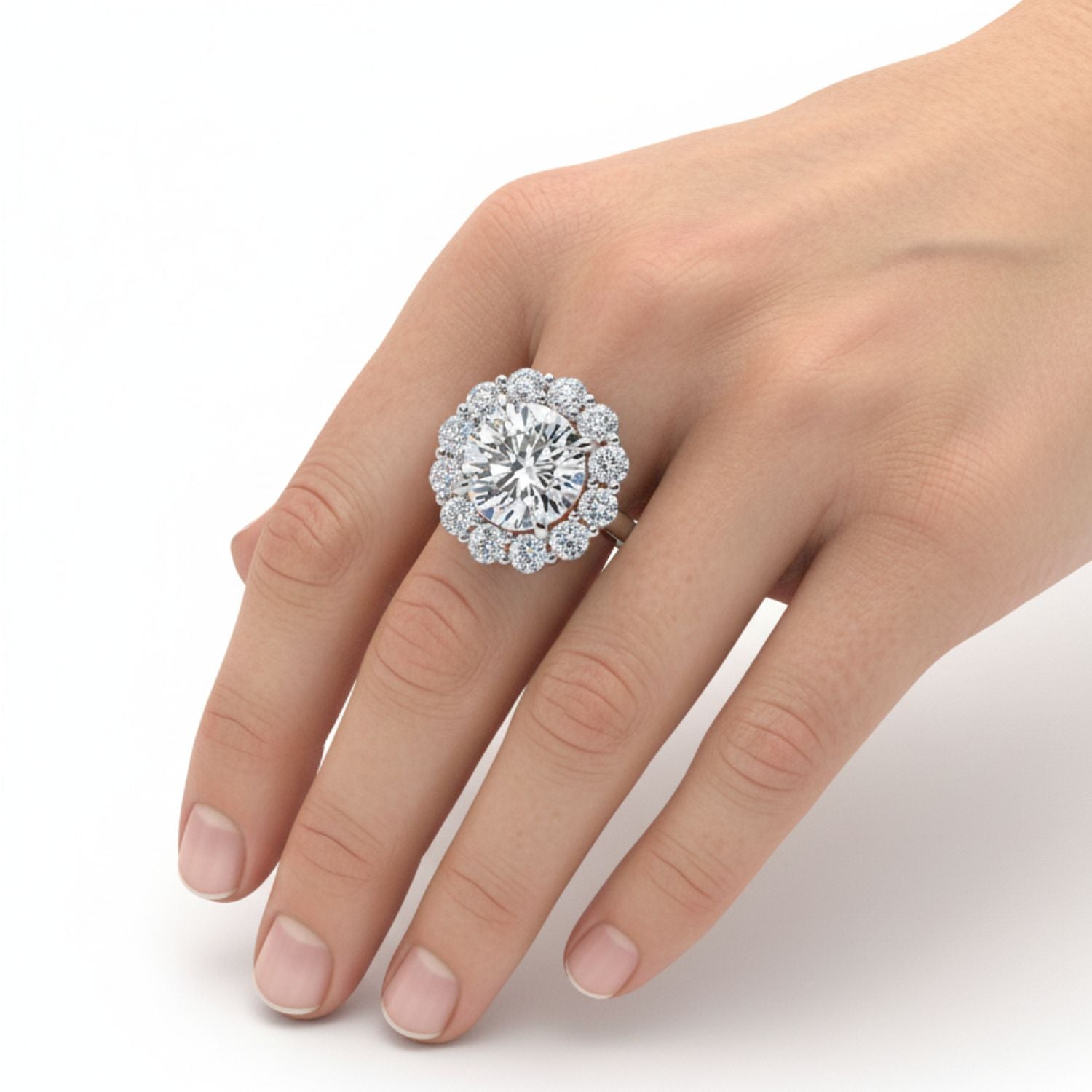 Lab Grown Diamond 6.80 CT Floral Halo Cluster Ring- Sterling Silver