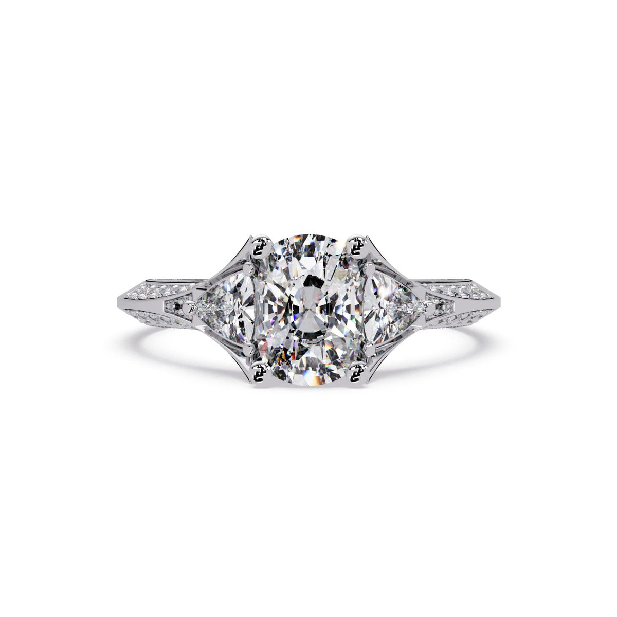 Lab-Grown Diamond 1.75 Ct Cushion Three-Stone Trillion Side Vintage Ring - Sterling Silver