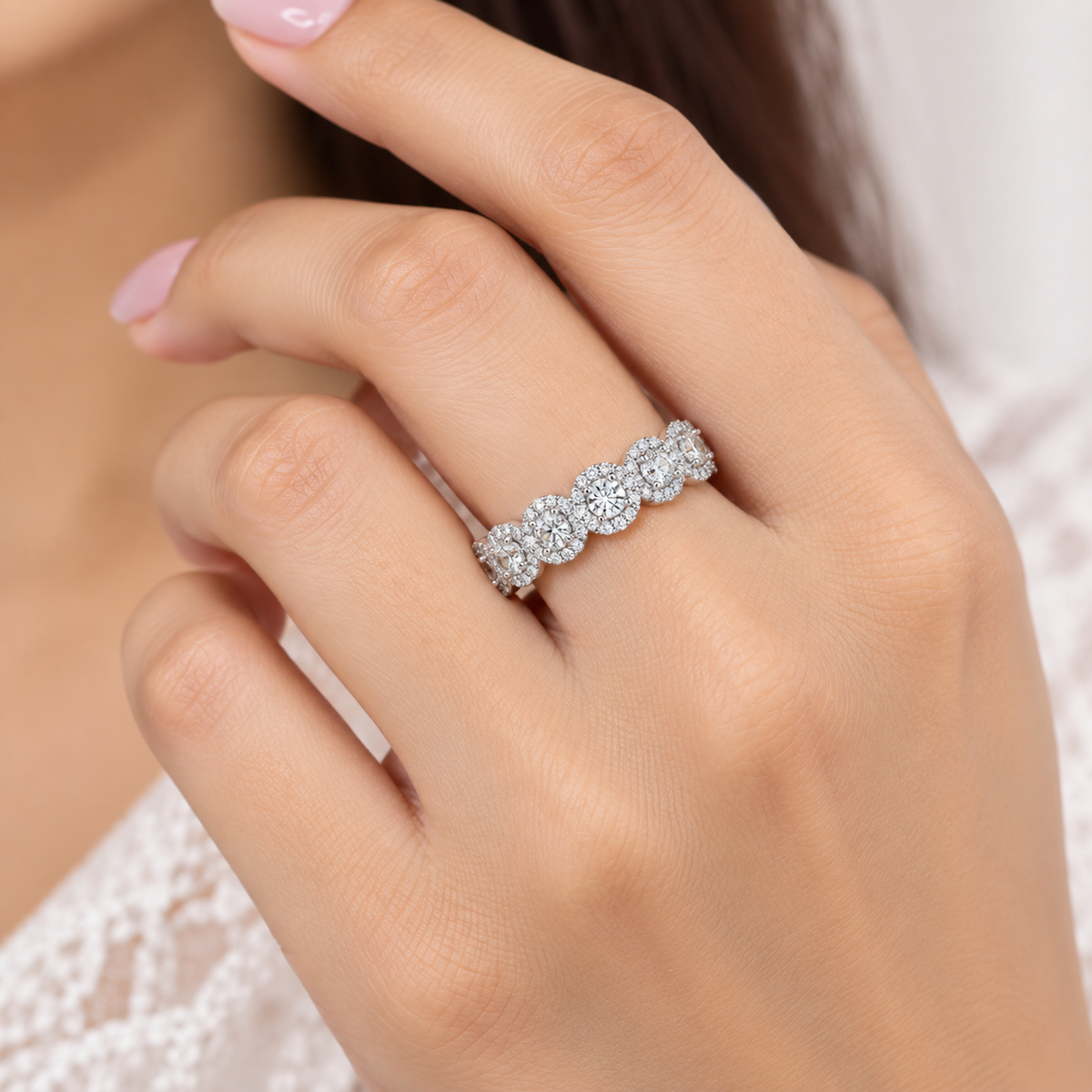 2.20 Ct Round Lab-Grown Diamond Halo Eternity Ring - 925 Sterling Silver