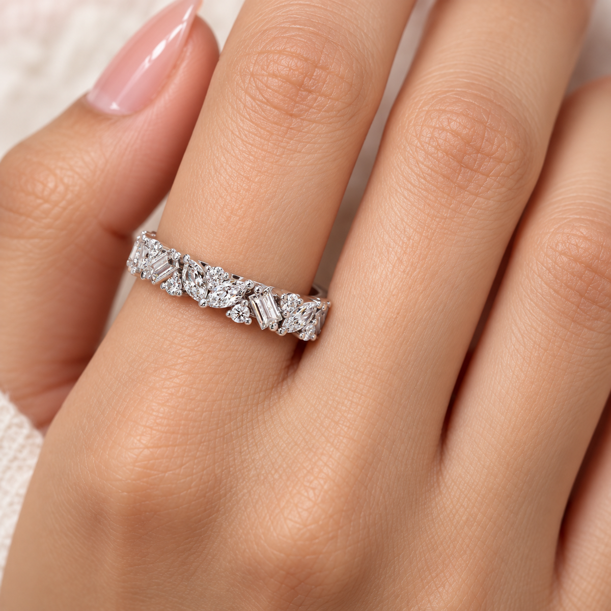 0.70 Ct Marquise, Baguette & Round Lab-Grown Diamond Band Ring - 925 Sterling Silver