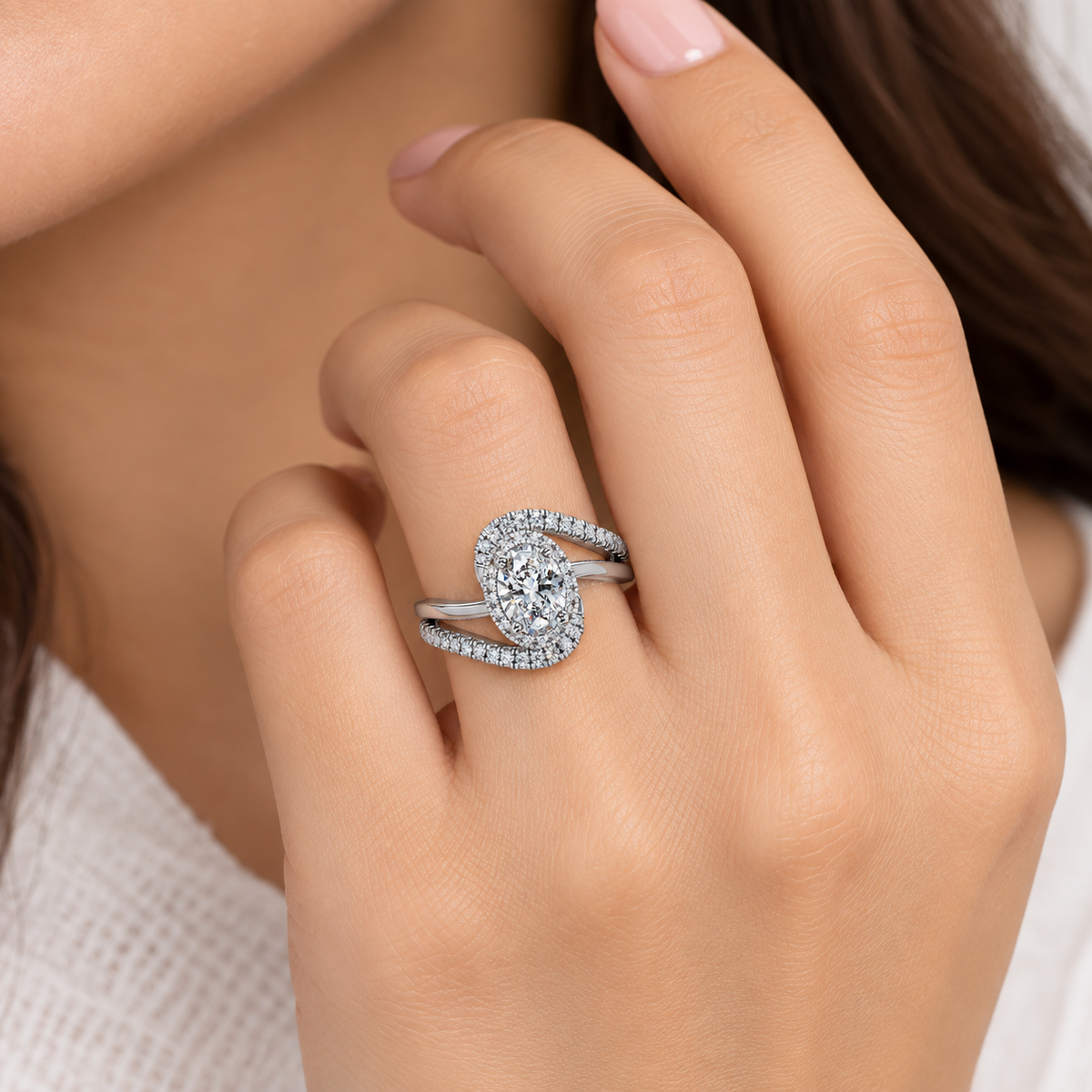 1.15 Ct Oval Lab-Grown Diamond Halo Bypass Ring - 925 Sterling Silver