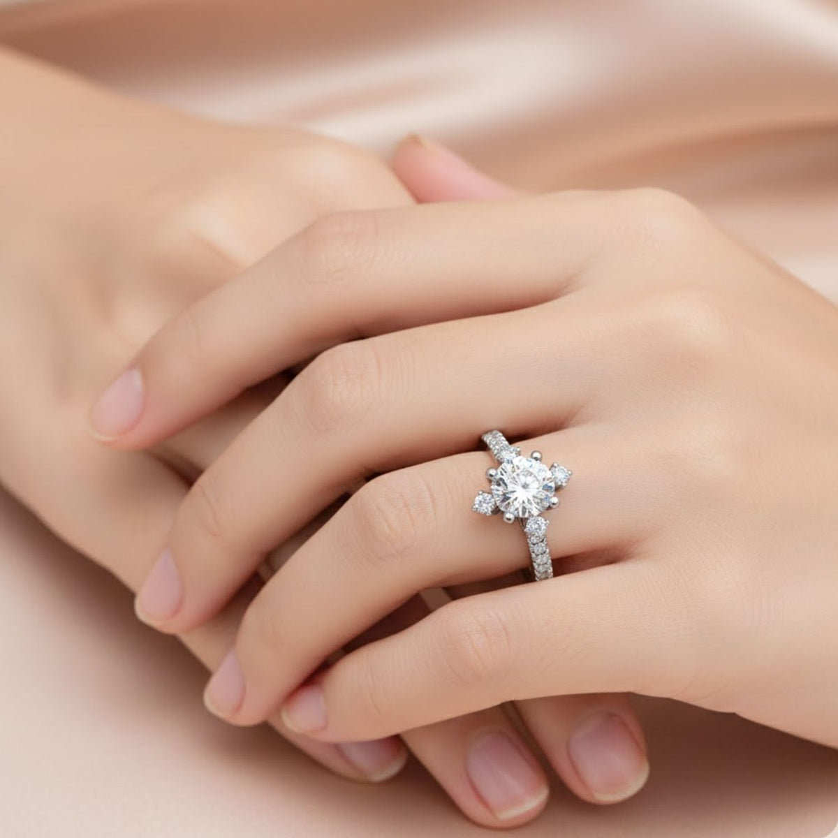 1.05 Ct Round Lab-Grown Diamond Solitaire Ring with Accents - 925 Sterling Silver