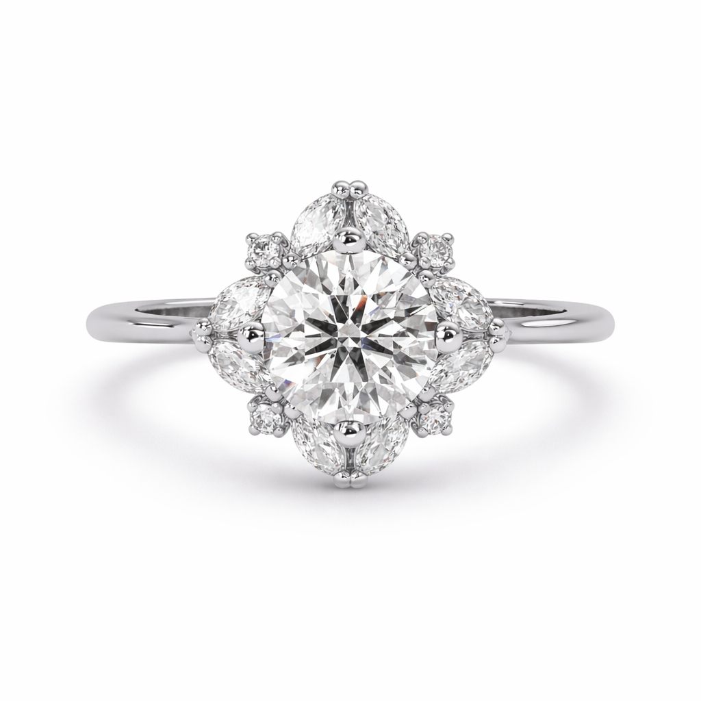 1.25 Ct Round Lab-Grown Diamond Floral Halo Engagement Ring - 925 Sterling Silver