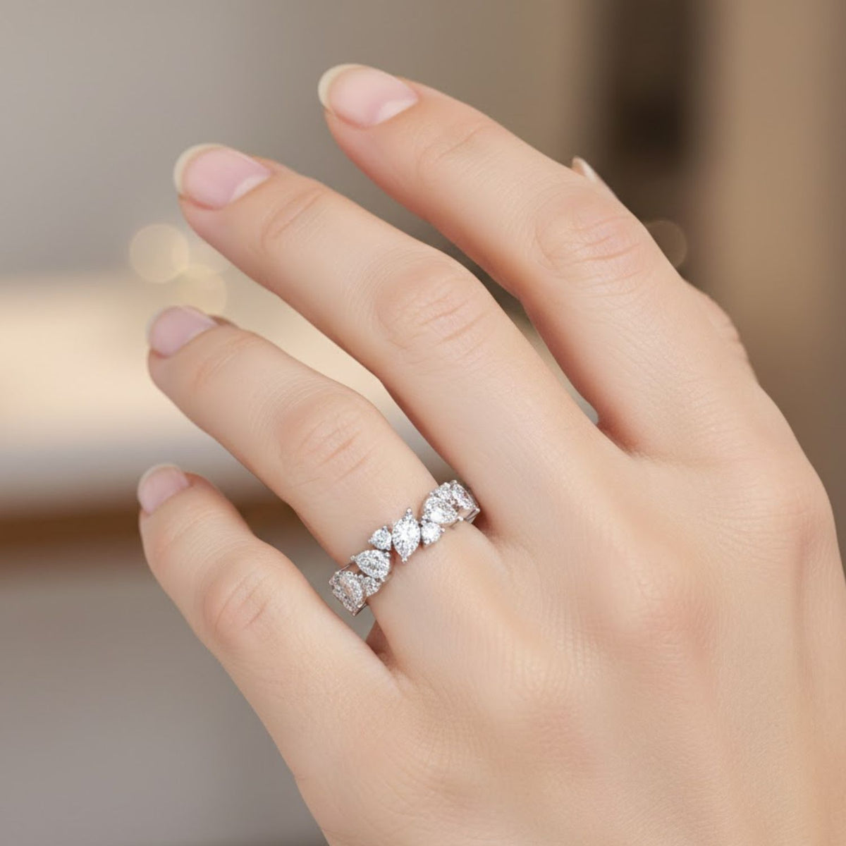 2.00 Ct Pear & Round Lab-Grown Diamond Band Ring - 925 Sterling Silver