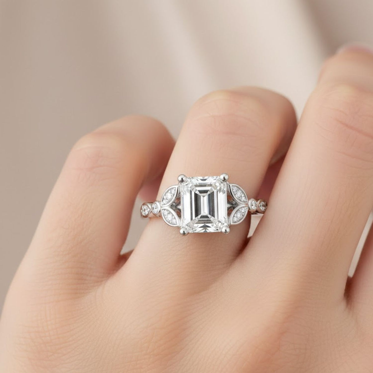 3.30 Ct Octagon Lab-Grown Diamond Solitaire Ring with Accents - 925 Sterling Silver