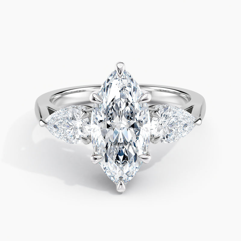 Modern Three Stone Marquise Diamond Hidden Halo Engagement Ring
