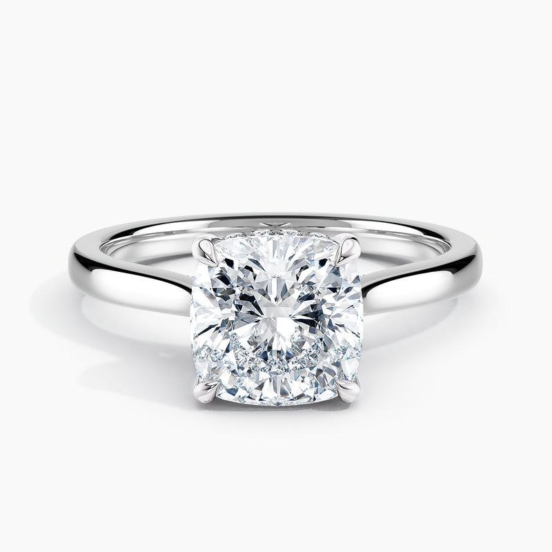 Tapered Classic Hidden Halo Cushion Diamond Engagement Ring