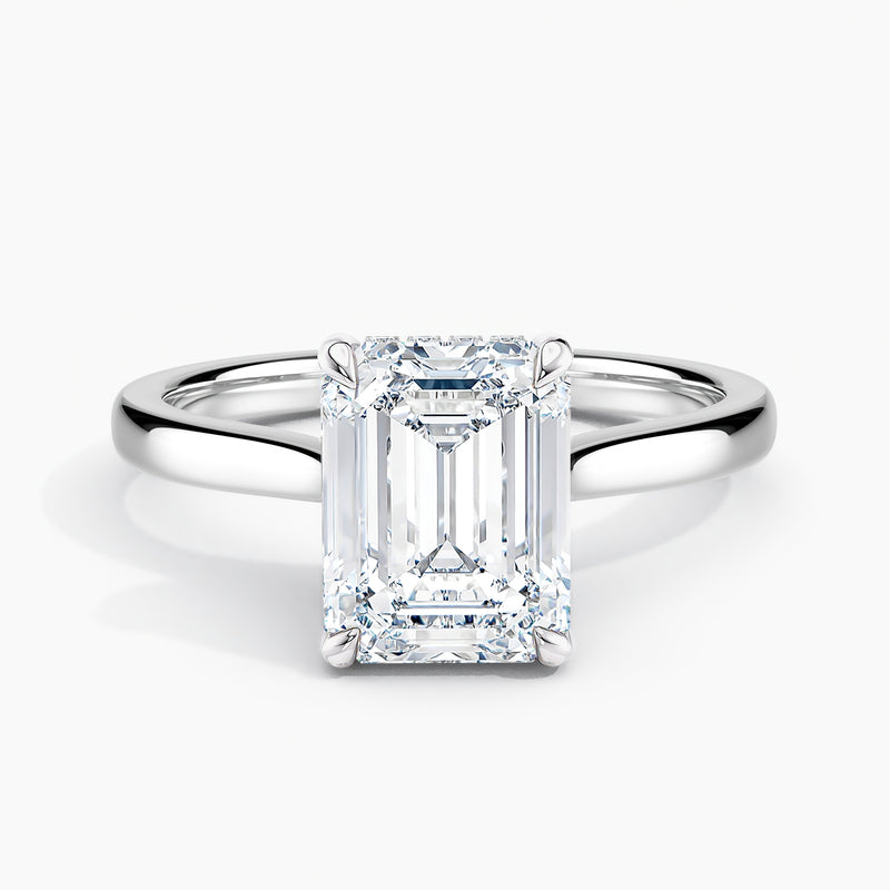 Tapered Classic Hidden Halo Emerald Diamond Engagement Ring