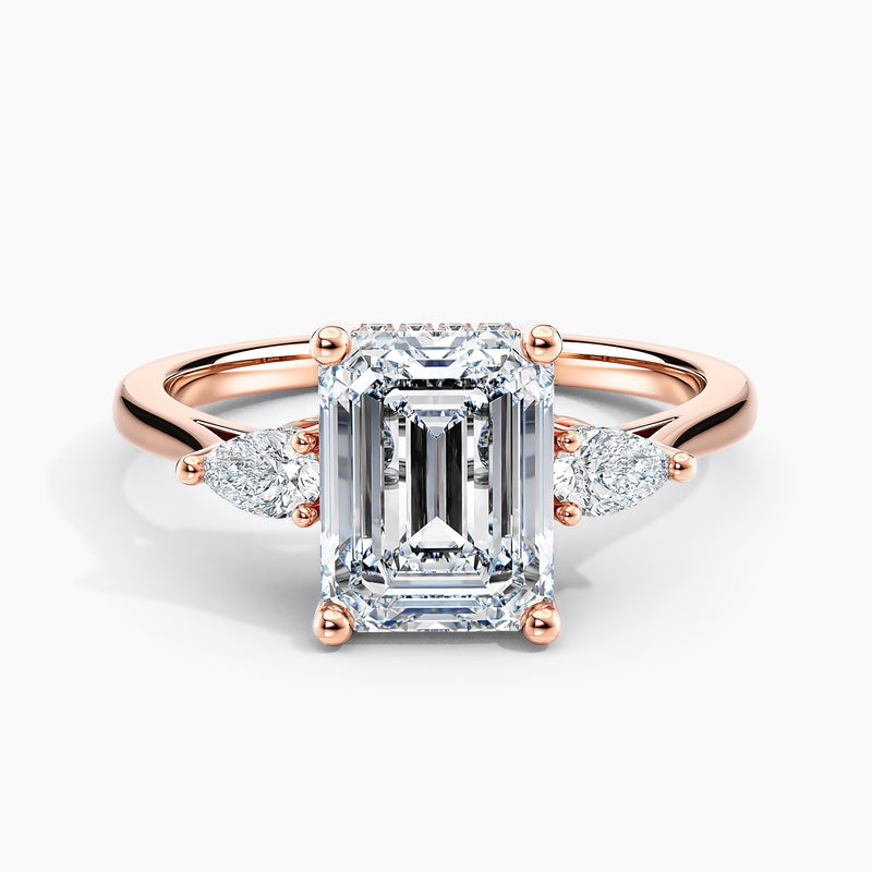 Petite Modern Three Stone Emerald Diamond Hidden Halo Engagement Ring