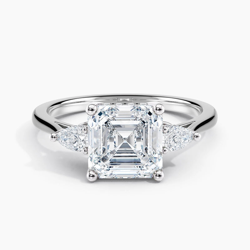 Petite Modern Asscher Diamond Three Stone Hidden Halo Engagement Ring