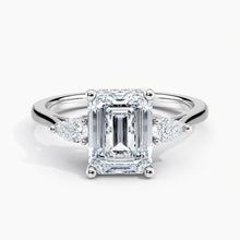 Load image into Gallery viewer, Petite Modern Three Stone Emerald Diamond Hidden Halo Engagement Ring
