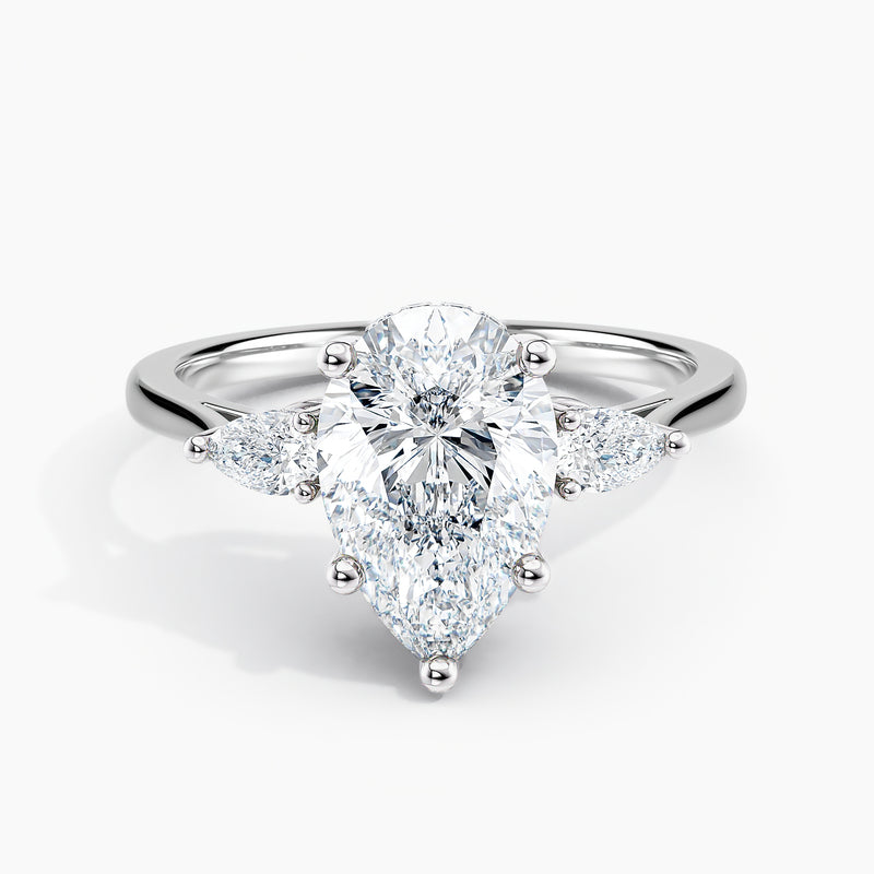 Petite Modern Three Stone Hidden Halo Pear Diamond Engagement Ring