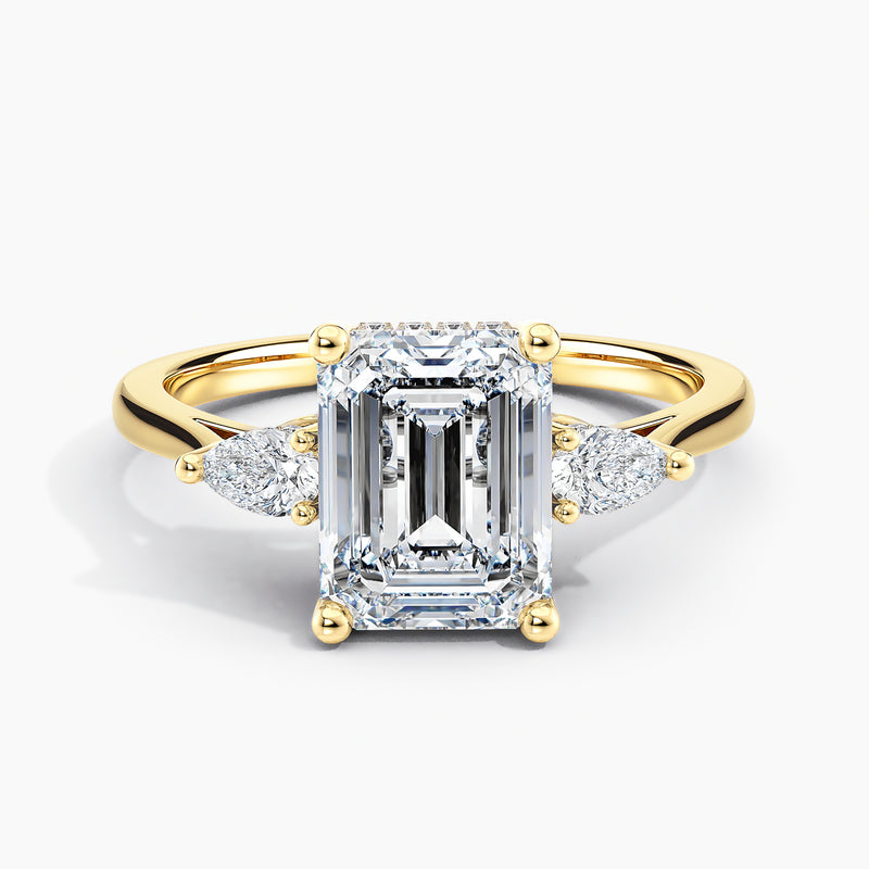 Petite Modern Three Stone Emerald Diamond Hidden Halo Engagement Ring