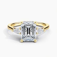 Load image into Gallery viewer, Petite Modern Three Stone Emerald Diamond Hidden Halo Engagement Ring
