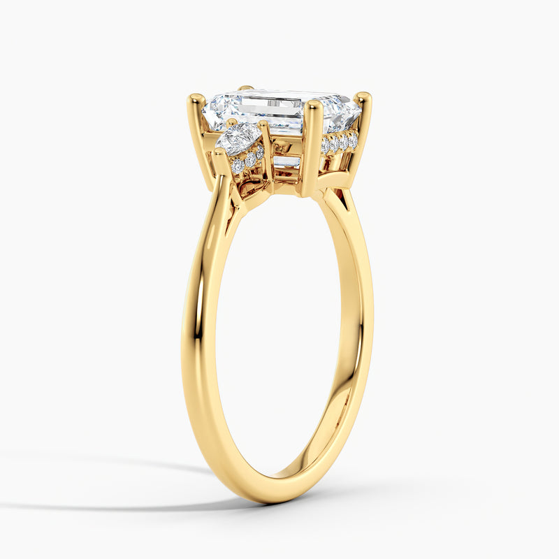 Petite Modern Three Stone Emerald Diamond Hidden Halo Engagement Ring