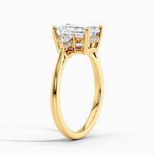 Load image into Gallery viewer, Petite Modern Three Stone Emerald Diamond Hidden Halo Engagement Ring
