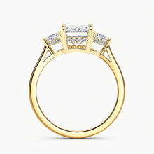 Load image into Gallery viewer, Petite Modern Three Stone Emerald Diamond Hidden Halo Engagement Ring
