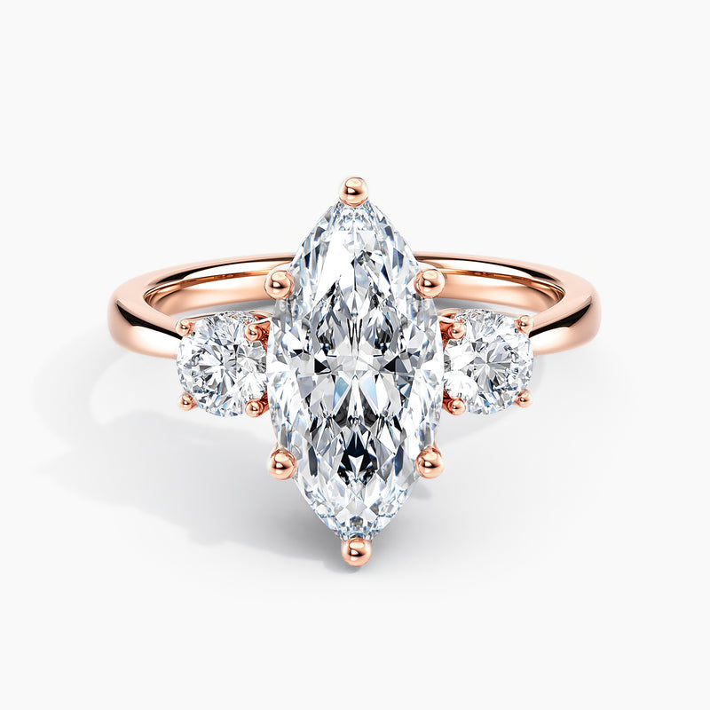Tapered Three Stone Marquise Diamond Hidden Halo Engagement Ring