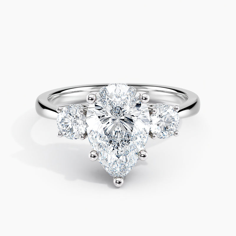 Tapered Three Stone Hidden Halo Pear Diamond Engagement Ring