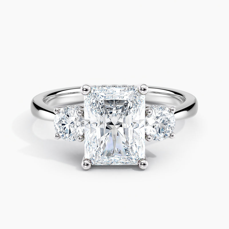Tapered Three Stone Hidden Halo Radiant Diamond Engagement Ring