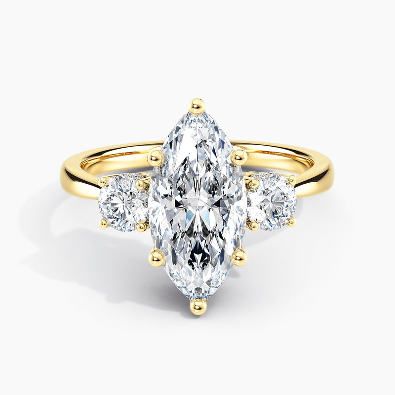 Tapered Three Stone Marquise Diamond Hidden Halo Engagement Ring